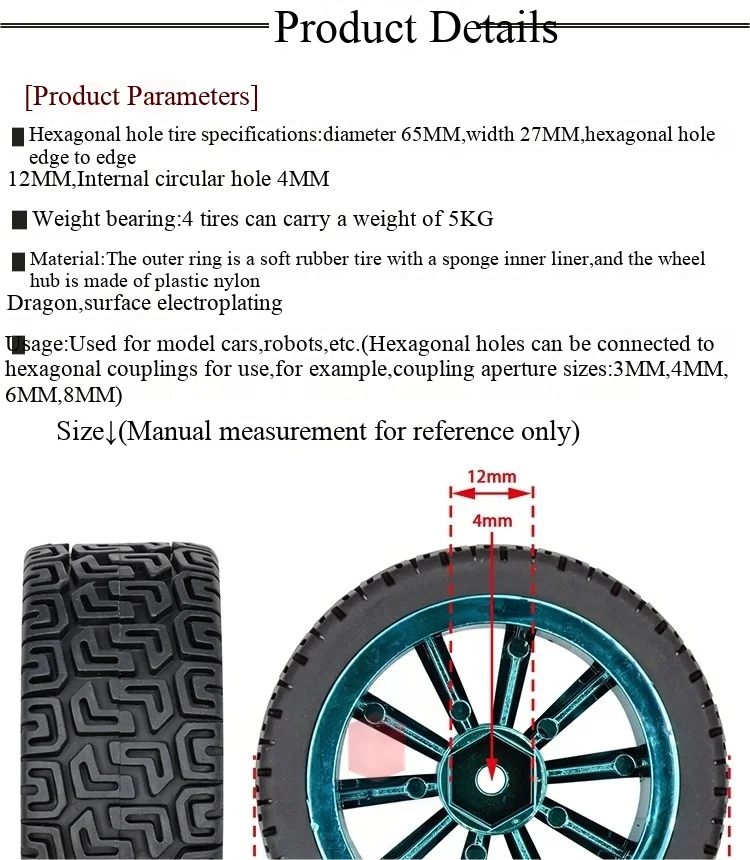2 Stück Autoreifen-Modell, 65-mm-Reifen, Rad mit hoher Reibung, Spielzeug-Smart-Car-Roboter, Rad, zum Selbermachen. – Detail 3