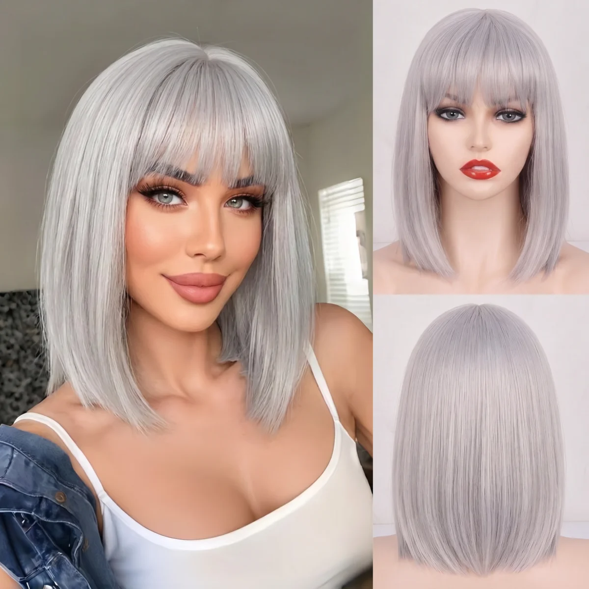 REEWES Bob Wig Short Straight Silver Grey Synthetic Wig for Women Natural Looking Heat Resistant Fiber Cosplay Daily Use 15