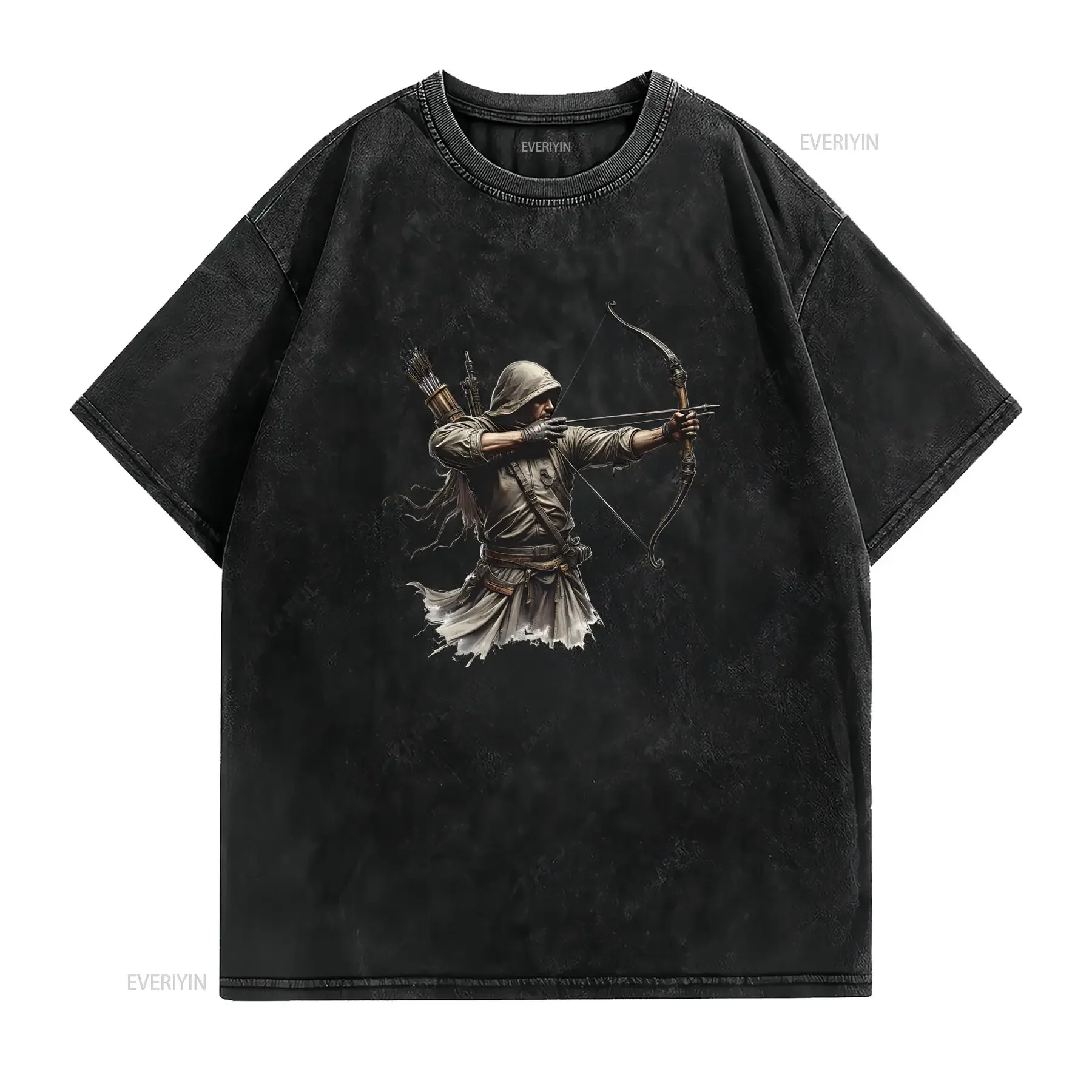 Men'S Heavyweight 185Gsm Archery T Shirt Soft Breathable Crewneck with Bowhunter Design Loose Fit for Hunting vintage Washed