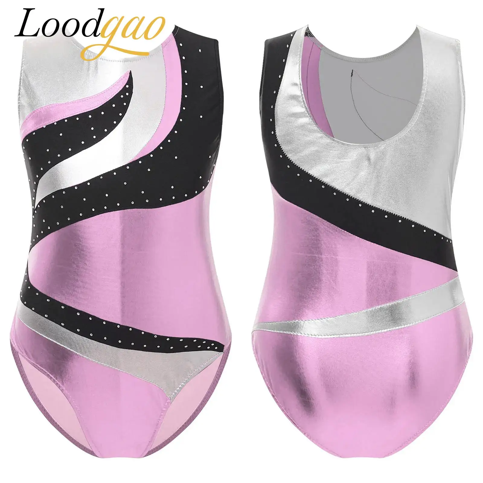 

Kids Ballet Dance LeotardShiny Gymnastics Jumpsuit for Girls Sleeveless Patchwork Figure Skating Bodysuit Performance Costume