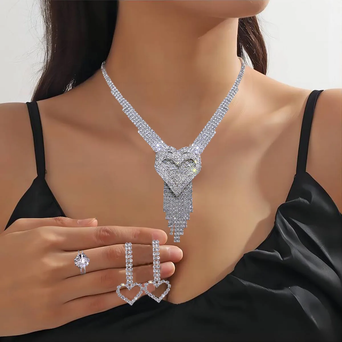 Silver Bridal Wedding 4 Piece Deluxe Crystal Necklace Set Earrings Rings Bracelets Mounted Diamonds Bridesmaid Party Pop Jewelry