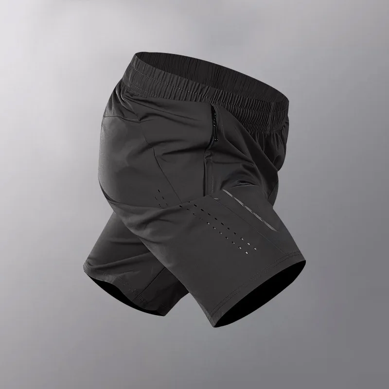 Sports shorts men's summer thin ice silk five quarter pants new professional fitness training zipper quick drying running pocket