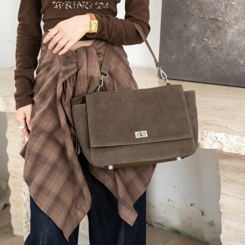 

Fashion Lock Buckle Nubuck Frosted Cowhide Shoulder Bags Women Luxury Designer Large-capacity Tote Bag Casual Flap Underarm Bag