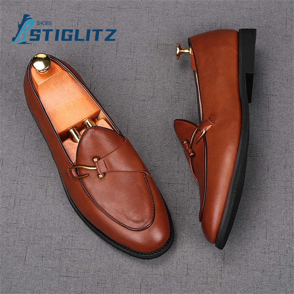 

Metal Hook Slip On Loafers for Men Round Toe Shallow Casual Monks Luxury Genuine Leather Mules Concise Suit Wedding Shoe for Men