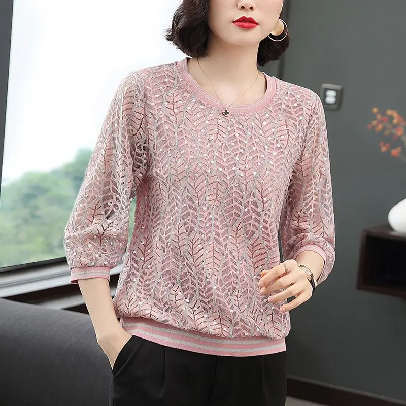 Women\'s Clothing Stylish Lace Spliced Blouse Casual O-Neck Spring Summer 3/4 Sleeve Loose Commute Korean Polka Dot Printed Shirt