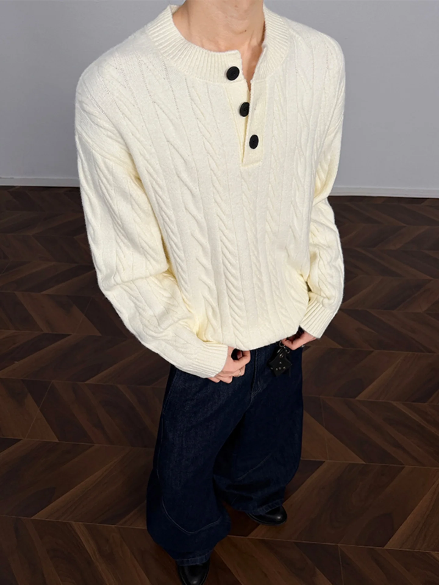 

Men's Autumn Winter Loose Knitted Sweater Twisted Cable Pattern Henry Collar Vintage American Sle Soft Comfortable Top