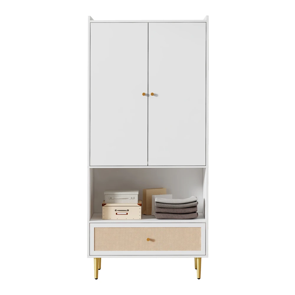PINGGO Weißer Kleiderschrank mit 2 Türen, Rattanschublade, Metallbeinen und Griffen, 80x48x175cm, für Schlafzimmer und Wohnzimmer – Detail 11