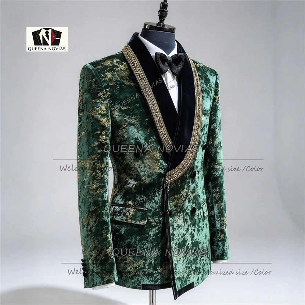 Exclusive Groom Wedding Tuxedo Suit 1 Piece Beaded Velvet Lapel Prom Blazer Formal Wear Double Breasted  Jacquard Print Overcoat