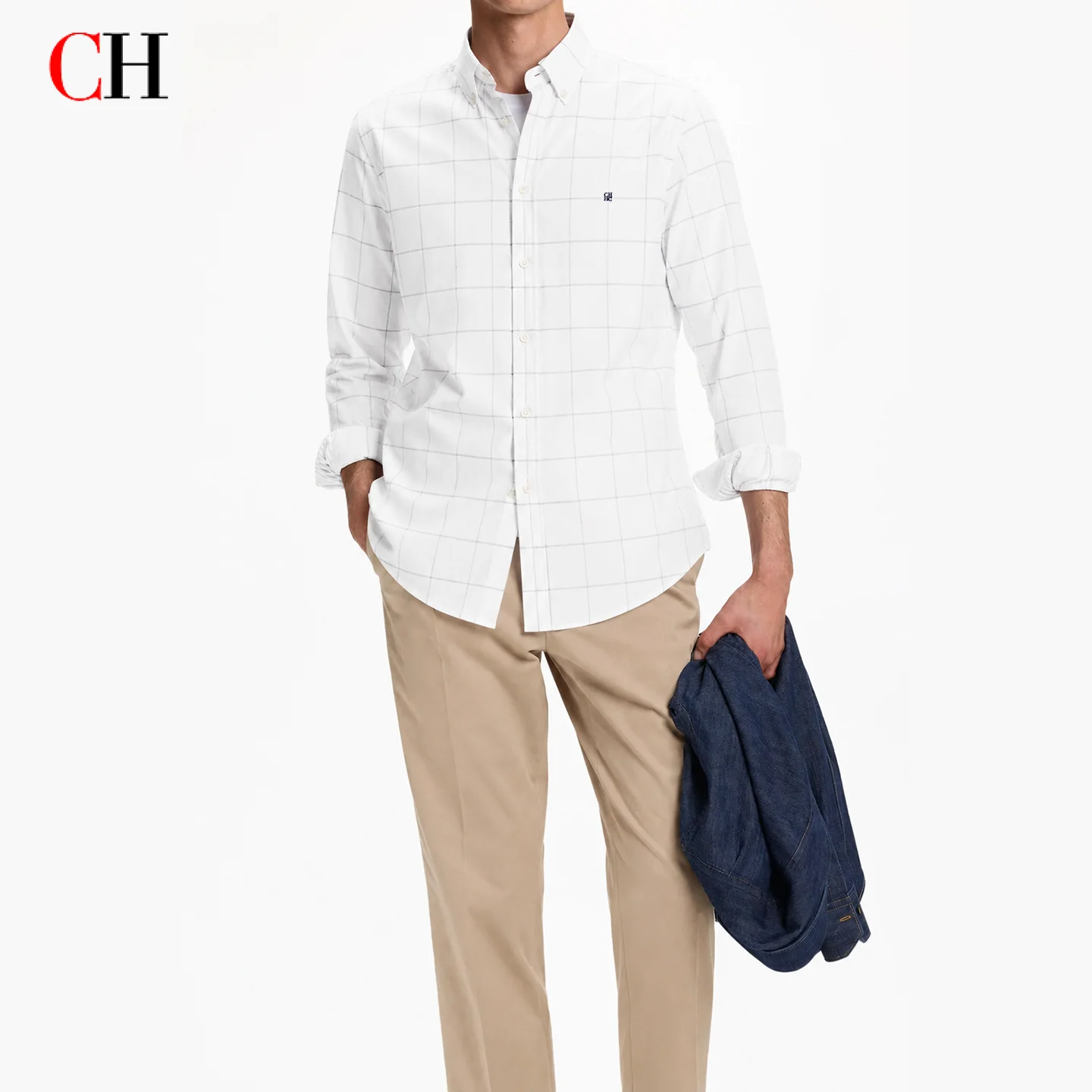 CH Men's White Plaid Long Sleeve Shirt Casual Business Button Down Lightweight Regular Fit Top Spring Autumn