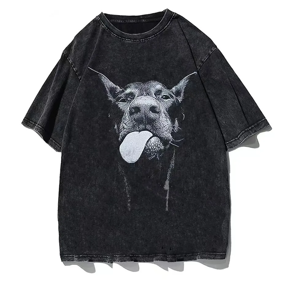 2026 Men Vintage Street Short Sleeve T-Shirt Doberman Print Casual Loose Plus Size Tee Fashion Breathable Daily Wear Crew Neck