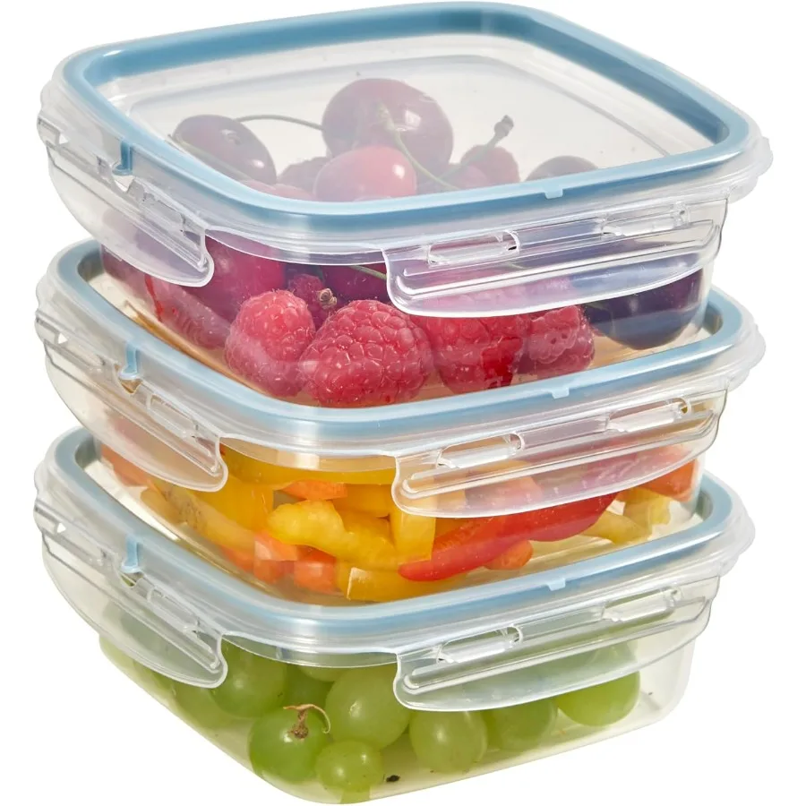 Lock Square - Recipiente Frigo Cuadrado - 0,50 litros - Recipiente para Microondas, Set 3 uds. - 4 cerraduras de seguridad - 14,7 x 14,7 x 8 cm - M