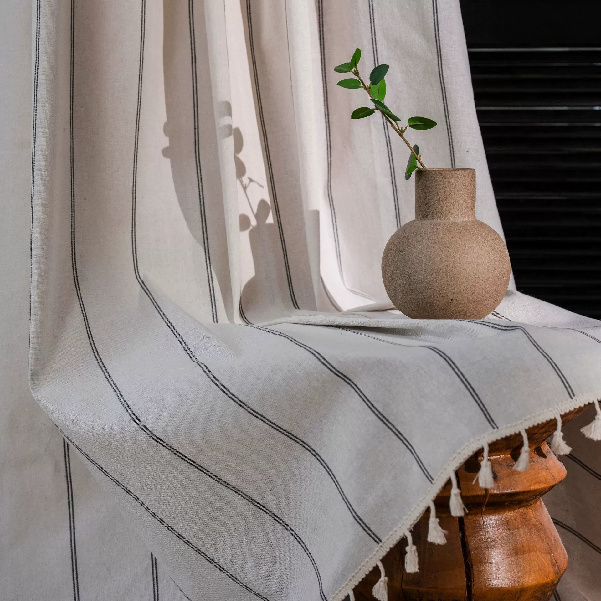 Simple style curtains with tassels and semi-blackout fabric made of cotton and linen material