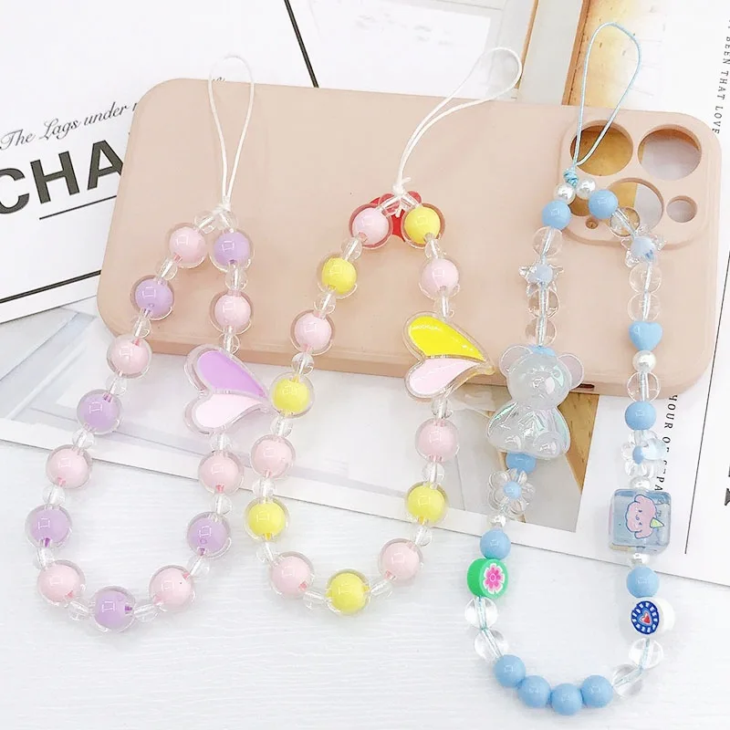 Candy Color Heart Beaded Phone Chain Wrist Strap Fashion Flower Butterfly Telephone Case String Jewelry Accessories for Women