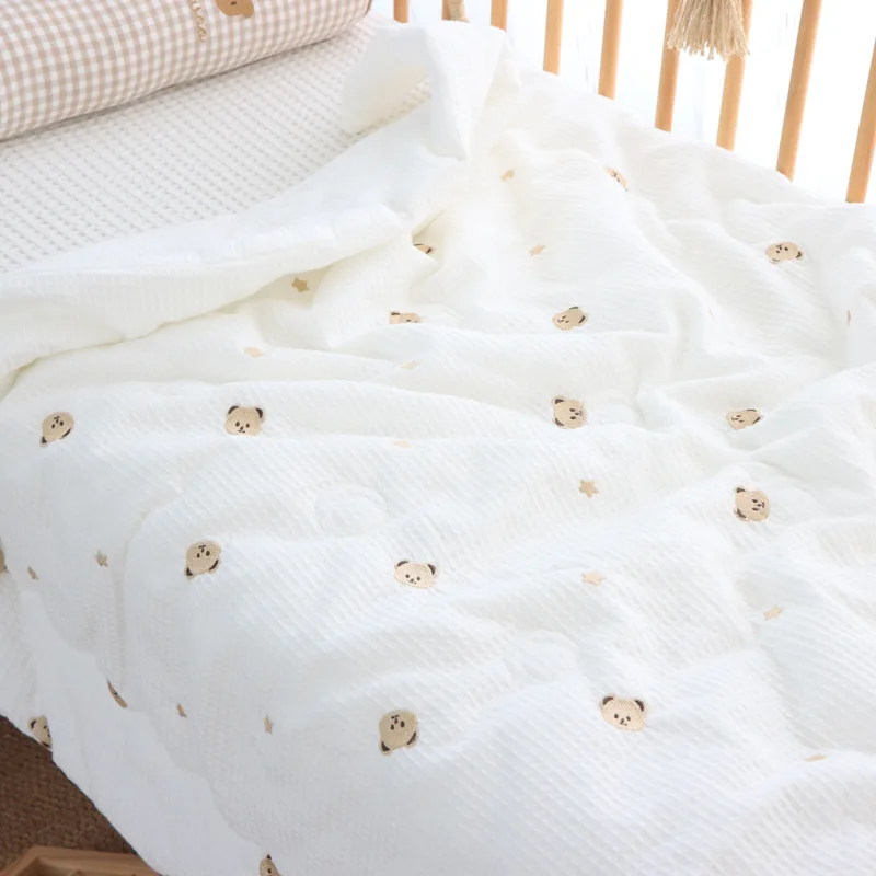 Thick Muslin Cotton Embroidered Bear Star Baby Duvet Newborn Thermal Comforter Waffle Weave Infant Baby Crib Blanket With Filler