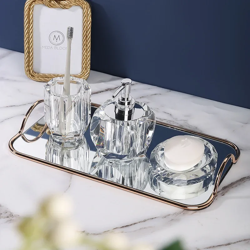 Bathroom Set Crystal Glass Liquid Soap Dispenser & Dish Toothbrush Holder Gargle Cup Luxury Birthday Presents Tabletop