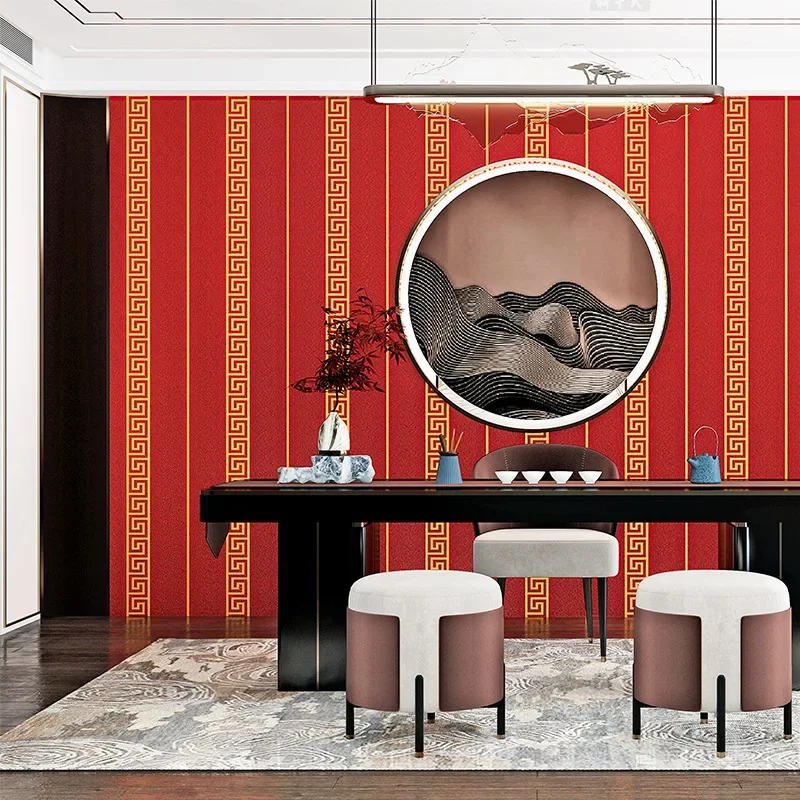 Retro Brown Wallpaper Chinese Style Key Pattern Living Room 3d Three-dimensional Zen Buddhist Hall Classical Home Wallpaper