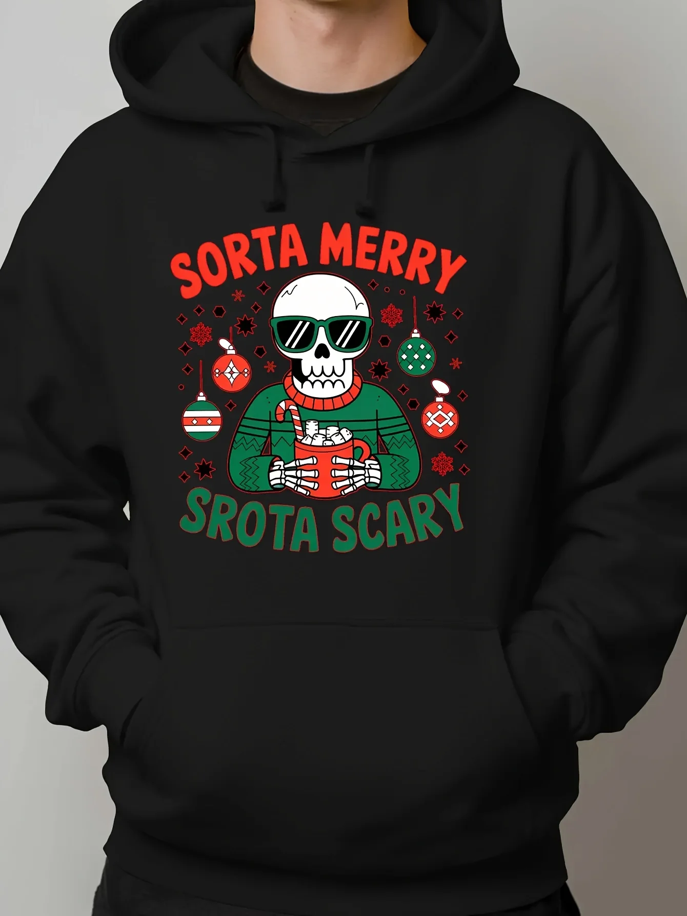 Men's Scary Santa and Klimps Printed Hooded Sweater | A Little Merry A Little Scary Gothic Christmas Hoodie, Pullover, Suitable for Winter Parties, Casual Klimps Clothing Top, Pocket, Hooded, Micro-bullet