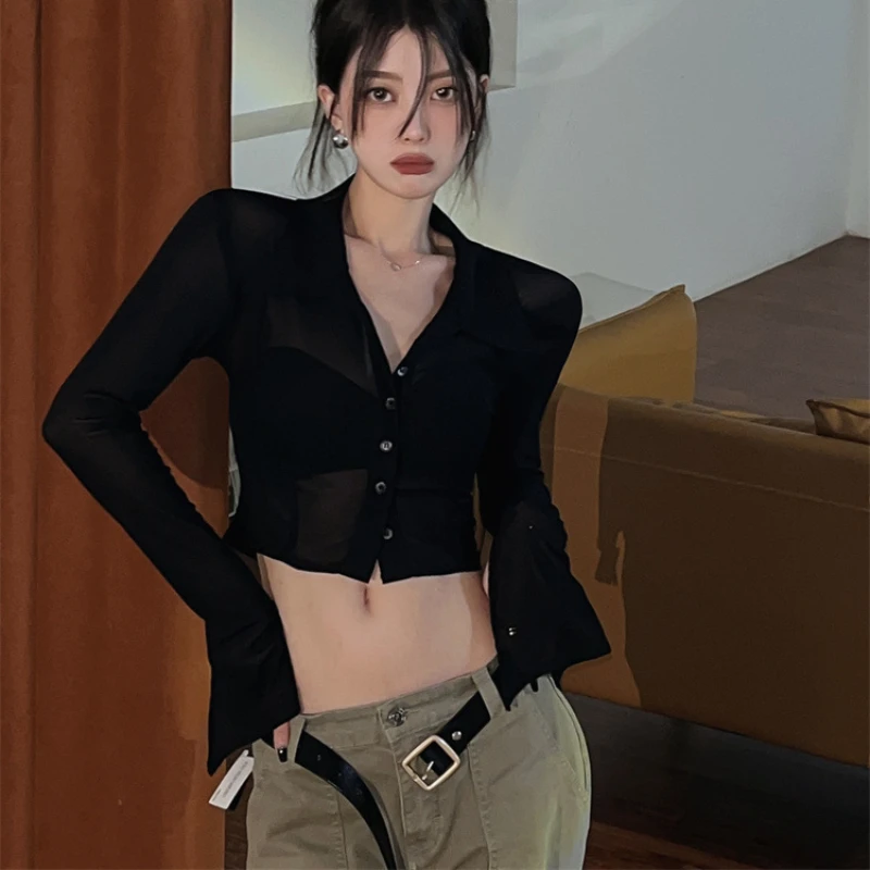 Women Shirt Solid Trendy All-match Sexy Sheer Design Chic Classic Prevalent Vintage Streetwear Korean Fashion Slim Fit Hotsweet