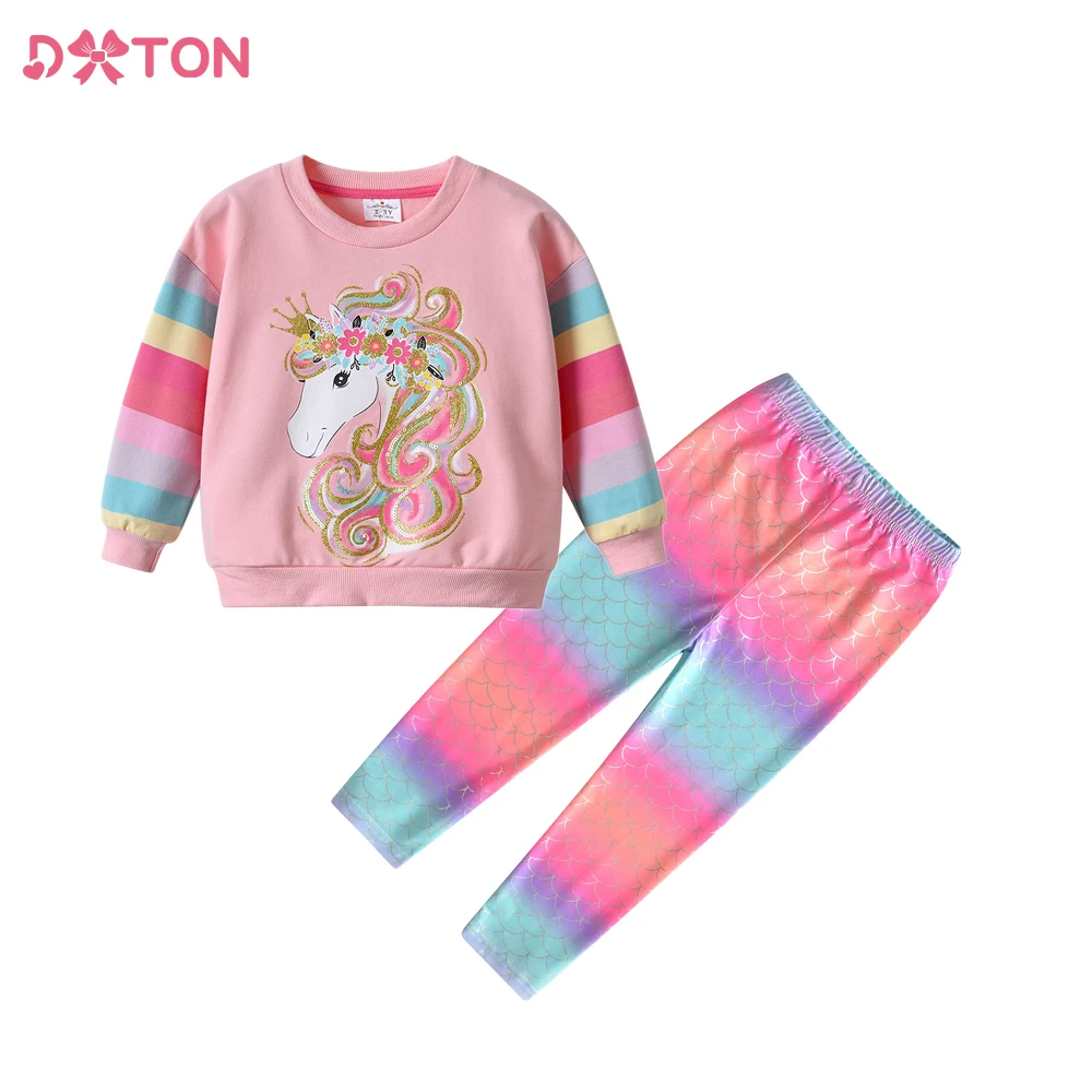 DXTON 2Pcs Children's Suit Sweater Tops+Trousers Girls Clothes Set Rainbow Winter Kids Daily Costumes T-shirt&Pants Toddler Sets