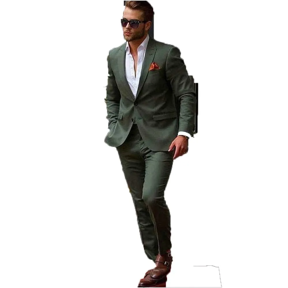 Elegant Green Suits for Men Single Breasted 2 Piece Jacket Pants Male Clothing Slim Fit Business Gentleman Smart Blazer Sets