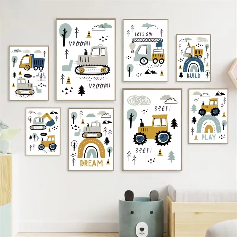 Cartoon Crane Excavator Tractor Truck Poster Wall Art Canvas Painting Nursery Child Boys Pictures Nordic Wall Print Room Deco