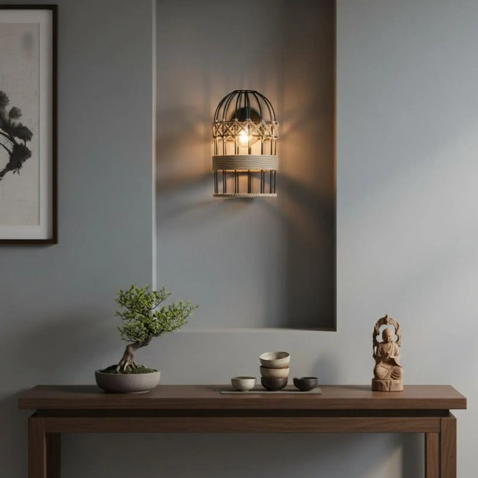 Rustic Birdcage Lampshade Rustic Elegance Hemp Rope Lamp Cage Pendant Light Guard Indoor Lighting for Cafe, Dining Room
