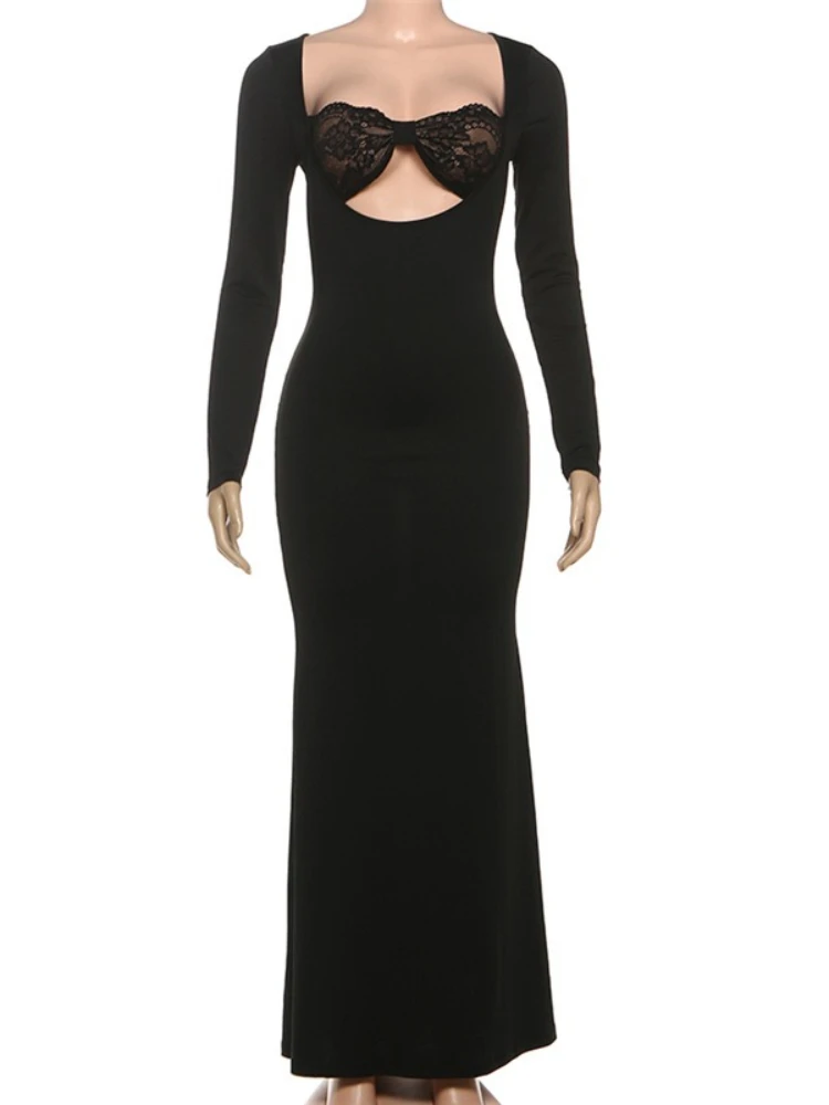 SsTss Dames Kant Gesplitst Slanke Maxi-jurk Effen Laag Uitgesneden Vierkante Hals Lange Mouw Hoge Taille Getailleerd Vakantie Feest Lange Jurk