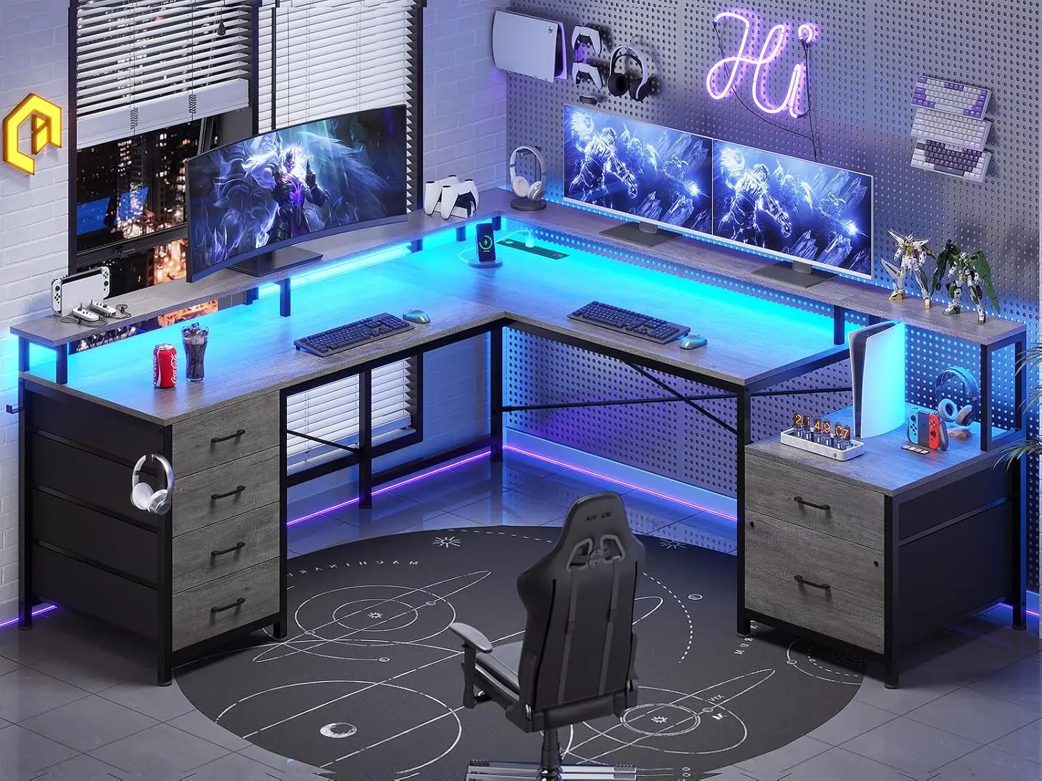 L Shaped Computer Desk with 6 Drawer, File Drawer & Power Outlet | 108