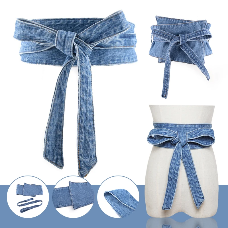 Women Denim Belt Peplum Waist Cinch Wide Corset Bow Belts For Dress Gothic Bicyclic Patchwork Lace Up Bow Removable Waistband