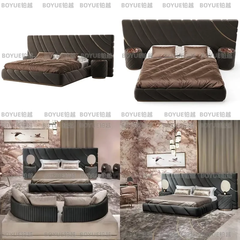 Italian Light Luxury Fabric Bed Modern Simple Upholstered Platform Frame Elegant Bedroom Furniture Soft Headboard