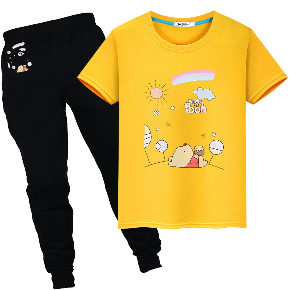 Conjuntos deportivos de verano de Disney, camiseta Kawaii, ropa para niños y niñas, estampado de oso Pooh, camisetas bonitas de algodón 100%, pantalón corto + pantalón, regalo de vacaciones para chico