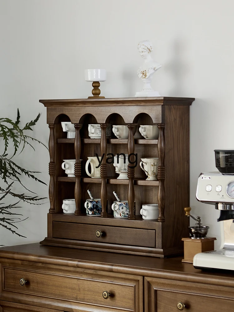 Yjq Retro Black Walnut Solid Wood Cup Holder Wall-Mounted Display Curio Box Wall-Mounted Drawer Rack