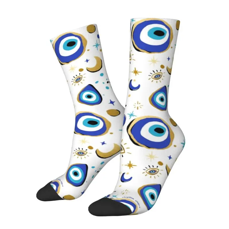 Fashion Mediterranean Blue And Gold Evil Eye Socks Men Women Warm 3D Print Hamsa Nazar Amulet Boho Sports Basketball Socks