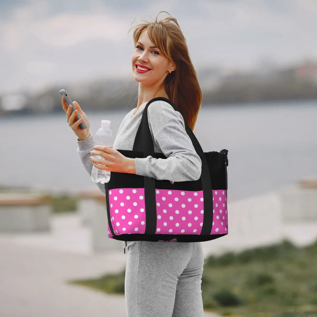 Borsa Tote personalizzata rosa Mickey Minnie Mouse Polkadots per donna borse da viaggio da spiaggia animate di grande capacità