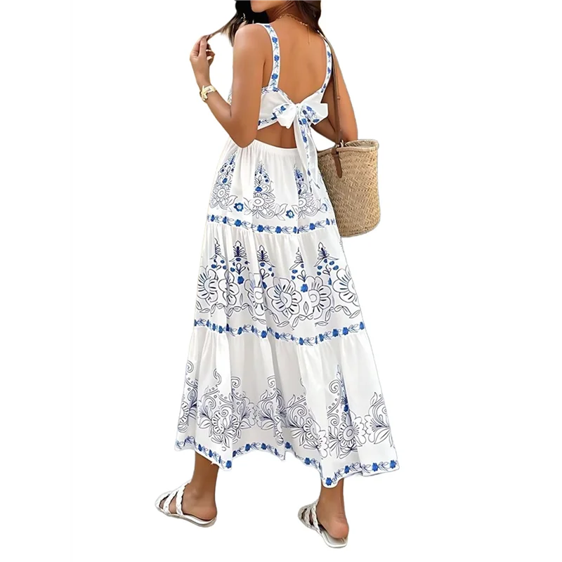 CYL-Women's Tiered Tank Dress Summer Sleeveless Floral Print Long Dress Flowy Maxi Sundress