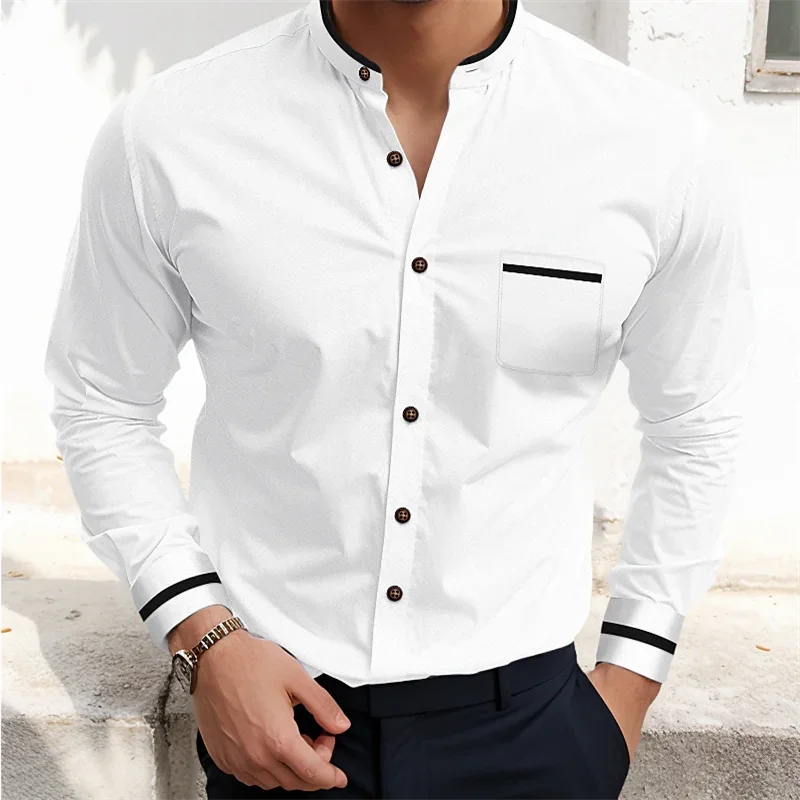 Camisa masculina de botão manga comprida, bloco de cor branca, gola, camisas formais, carreira de escritório, roupa de casamento, bolso primavera