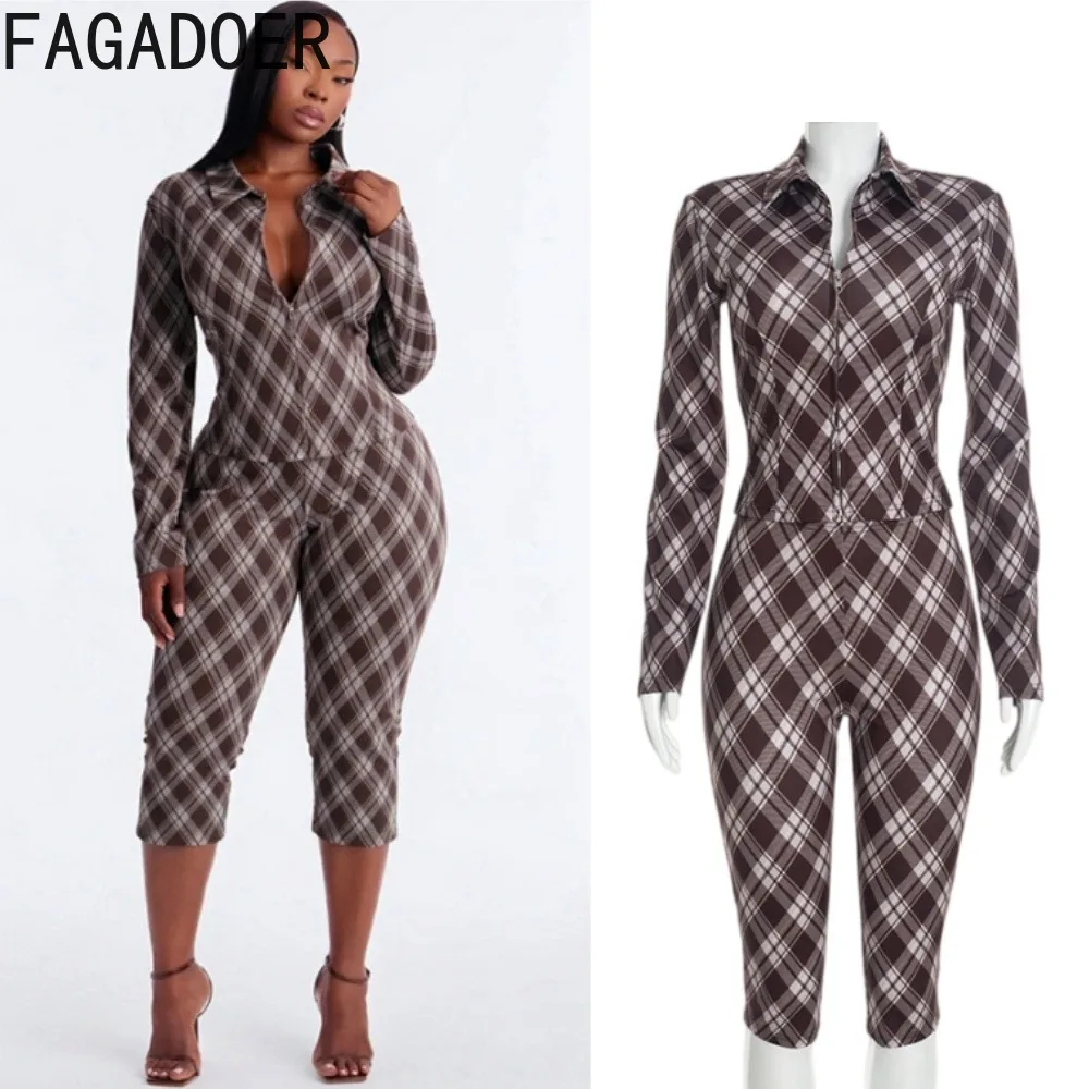 FAGADOER Women Vintage Plaid 2 Piece Set Collared Front Zip Long Sleeve Crop Top High Waist Bodycon Capri Pants Matching Outfit