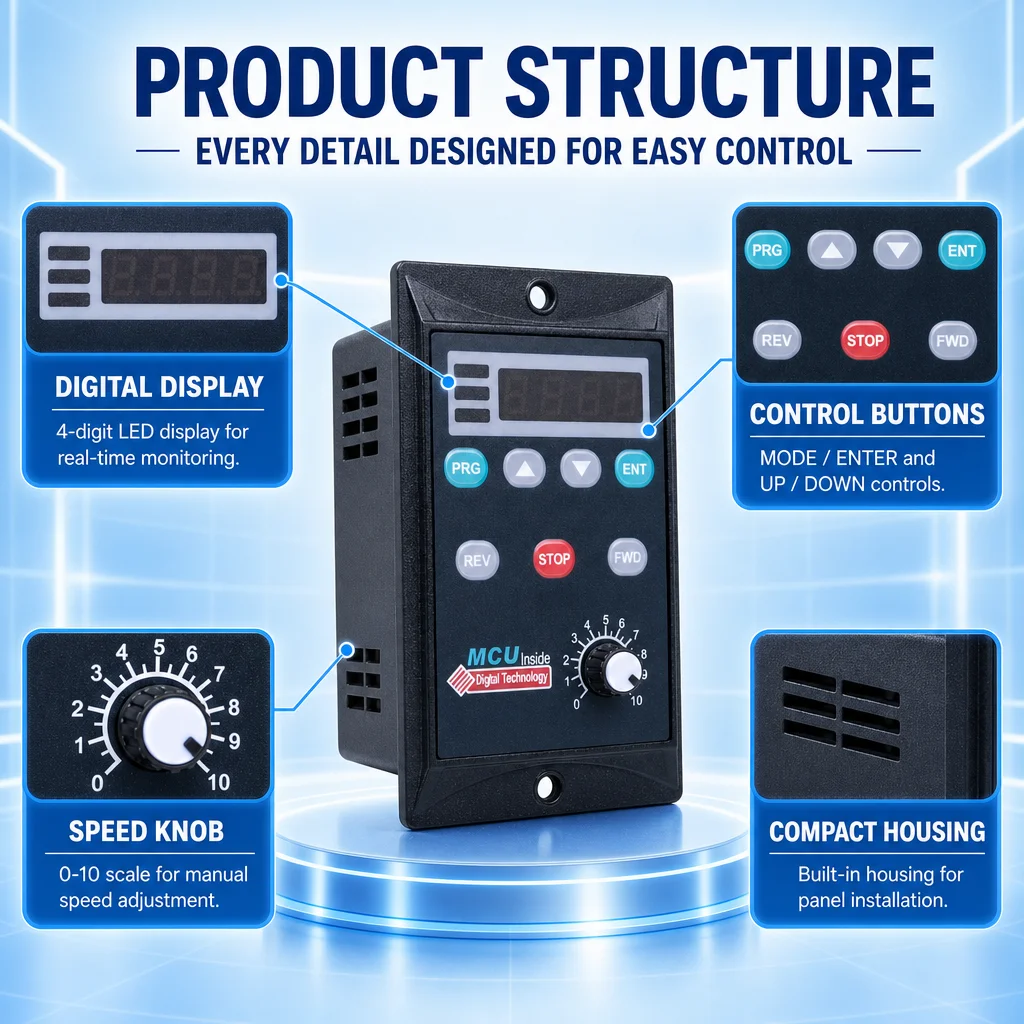 Built-In Motor Speed Controller AC220V 6-250W Digital Speed Regulator Forward/Reverse Quick Stop IP20 Protection Electronic