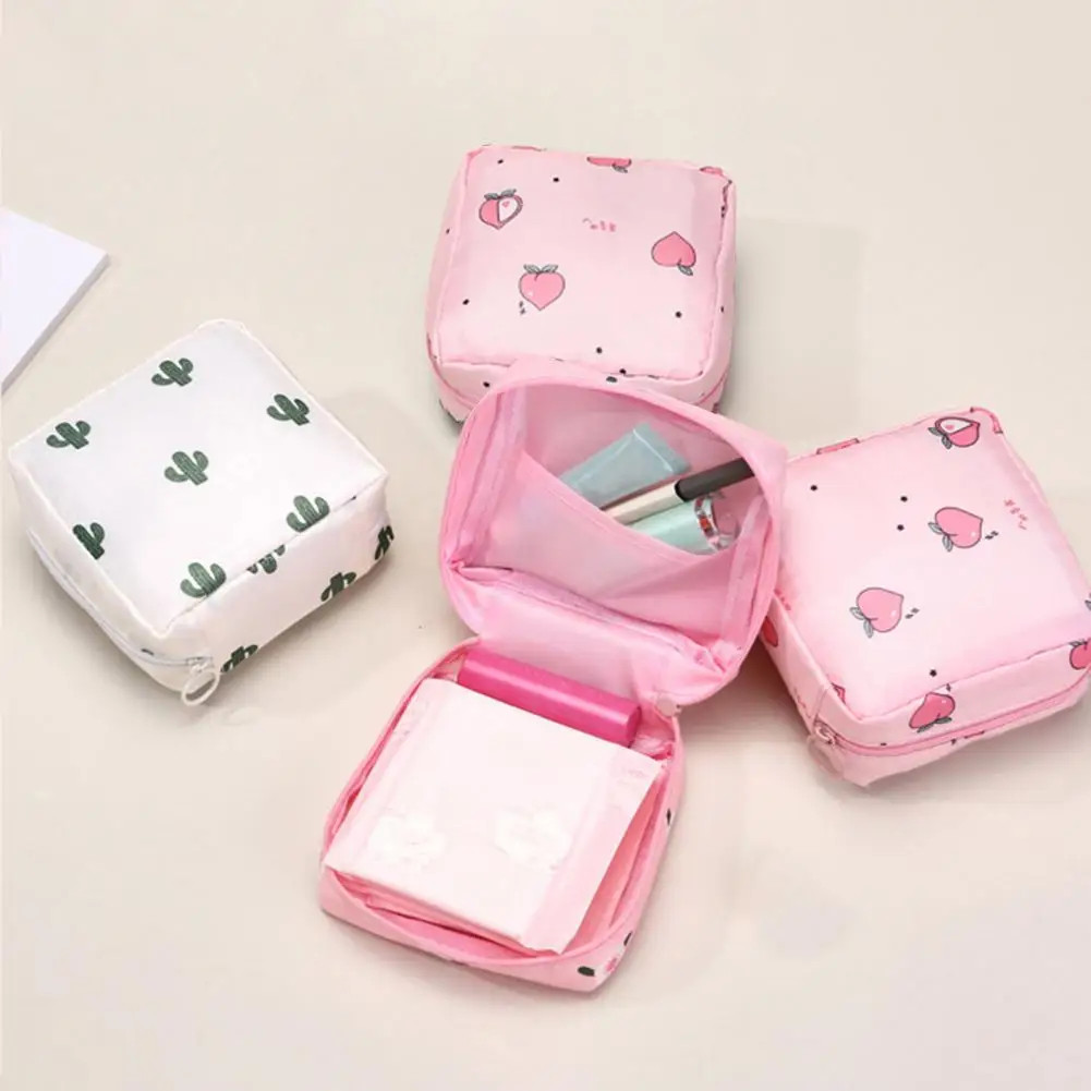 Pad Pouch Makeup Bag Cute Cartoon Print Napkin Storage Bag with Zipper Closure for Makeup Jewelry Earphones Portable Capacity