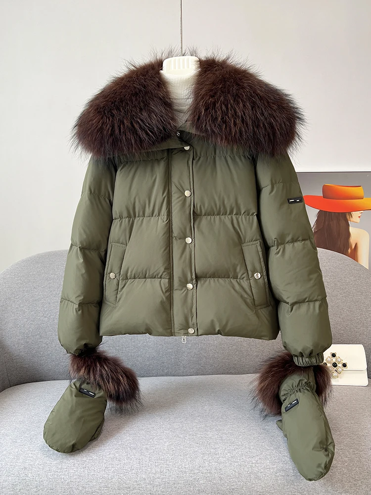 

Women's Raccoon Fur Collar Removable Gloves Fashion Goose Down Jacket Down Fur Jacket Short