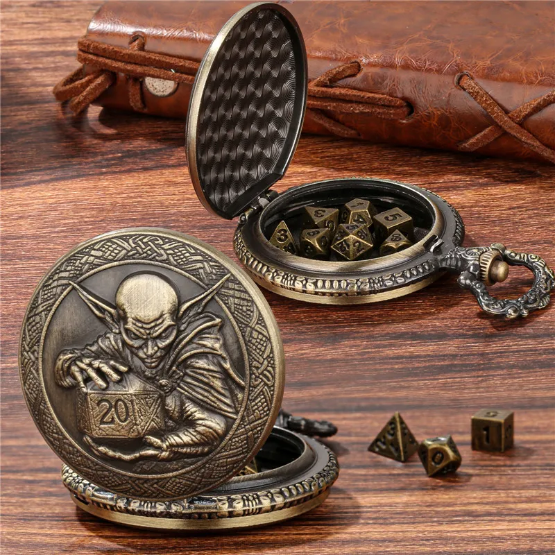 ブロンズゴブリン D20ダイス付き懐中時計ケース、7個の金属製小型多面体ダイスセット、卓上ボードゲームアクセサリー