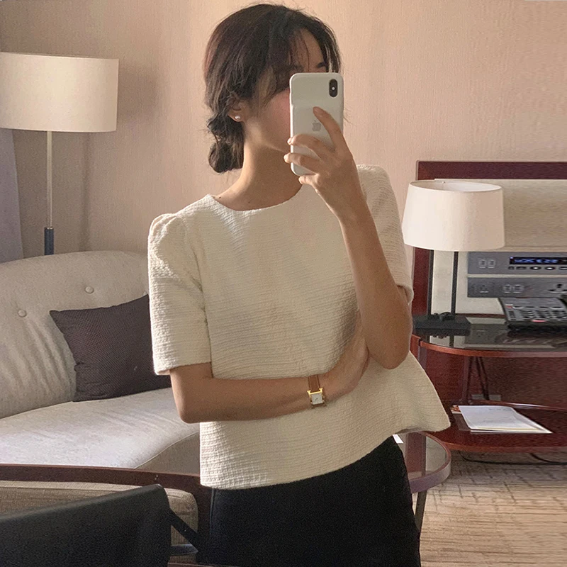 

Chic Summer Vintage round Ne Texture Design Loose Fit Overhead Five Sve Women's Top Faionable Versatile Straight Cut S...