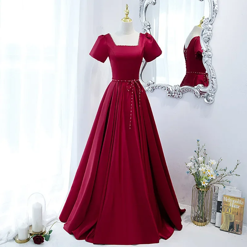 

Customized Evening Dress Burgundy Satin Beads Square Collar Floor-Length Short Sleeves A-Line Plus size Woman Formal Gown B1405