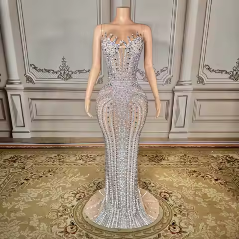 ZD Dazzling Strapless Mermaid Evening Dress Heavy Rhinestone Slim Fit Silver