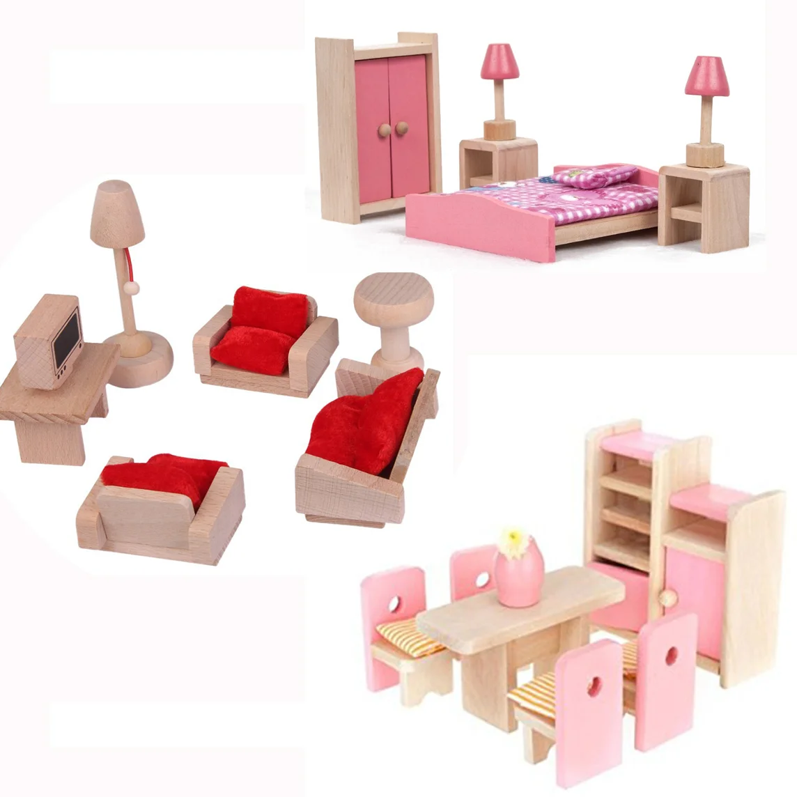 Mini-Haus Esszimmer Holzmöbel-Set Tisch + Stuhl + Ausstellungseinheit + Vase Mini-Hausmöbel Hausmöbel