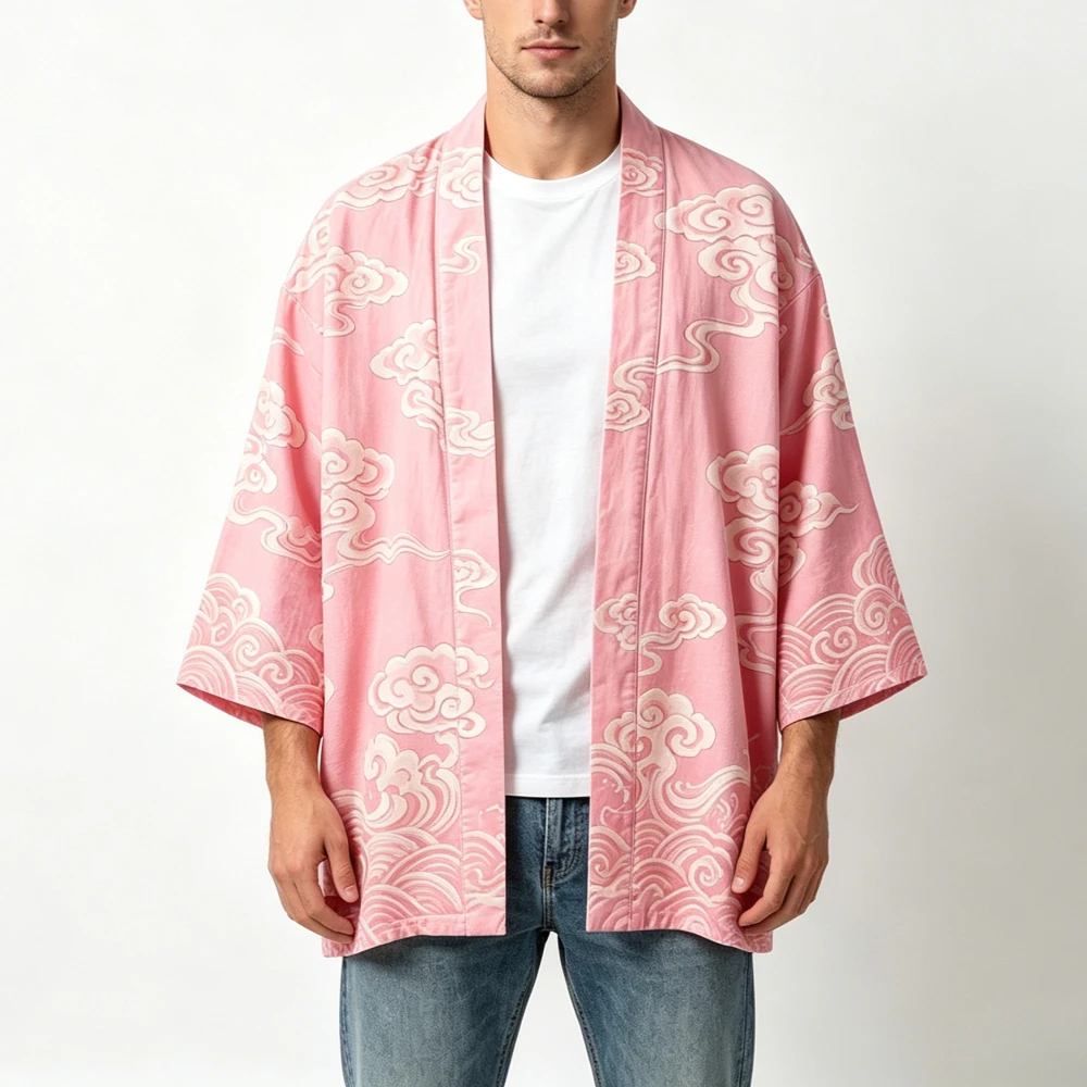 Cotton Japanese Kimono Robe for Women Men Clouds Crane Print Yukata Coat Loose Fit Open Front Cardigan Boho Cover Up Home Beach view 3