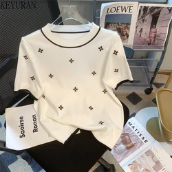 2024 Summer Embroidery Short Sleeve Sweater Women Ice Silk Knit T-Shirt Thin Pullovers Casual Loose Knitwear Tops Female Jumper