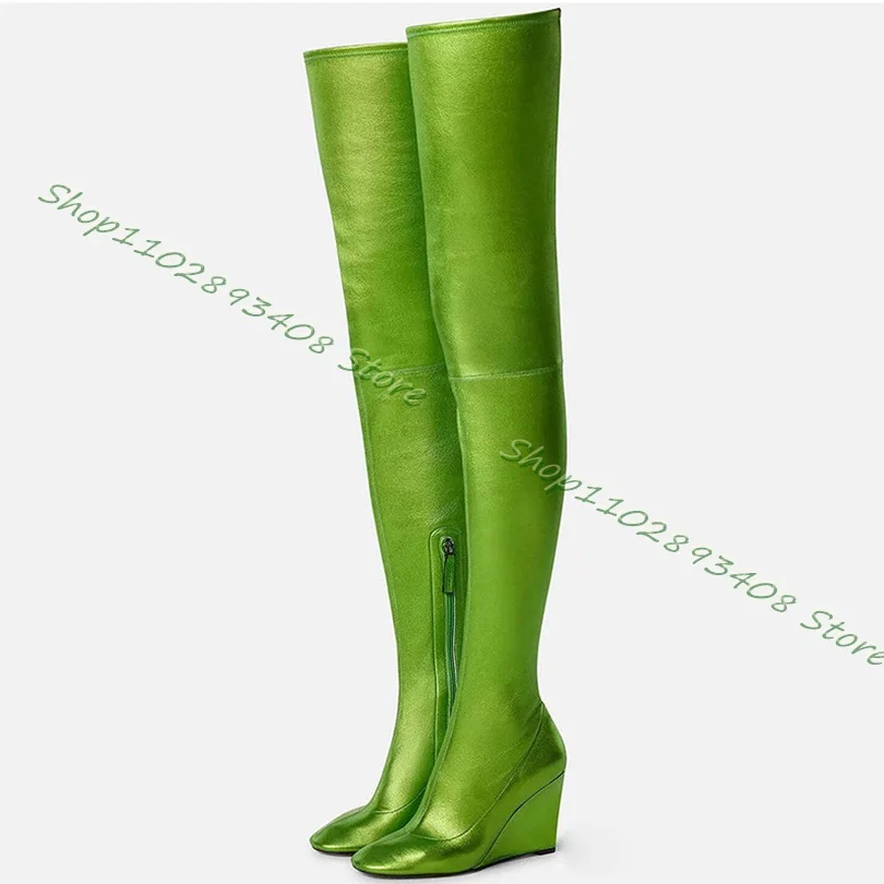 

Green Wedges Heel Silk Boots Side Zipper Round Toe High Heels Knee Boots Women Autumn Big Size Shoes 2023 Zapatos Para Mujere