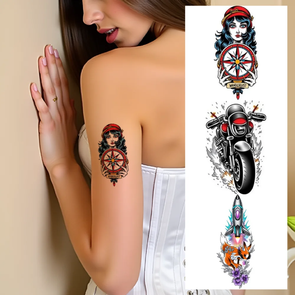 

28pcs Temporary Tattoo Waterproof Long-lasting Body Stickers Beehive Motorcycle Sailing Ship For Arms Adults Chest