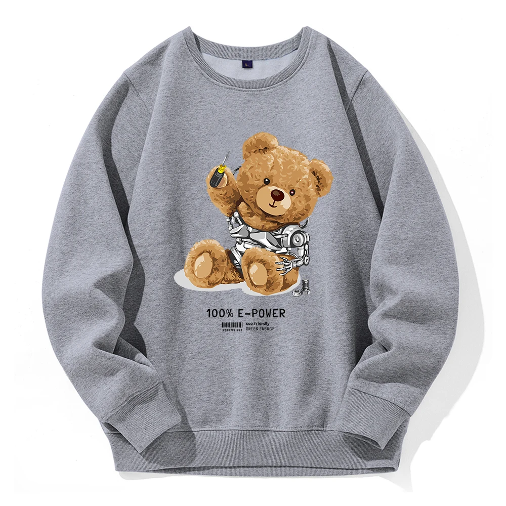 Please Repair Me To100% E-Power Teddy Bear Men Hoodies Crew Neck Basic Hoody Loose Oversize Hoodie Casual All Match Sweatshirt